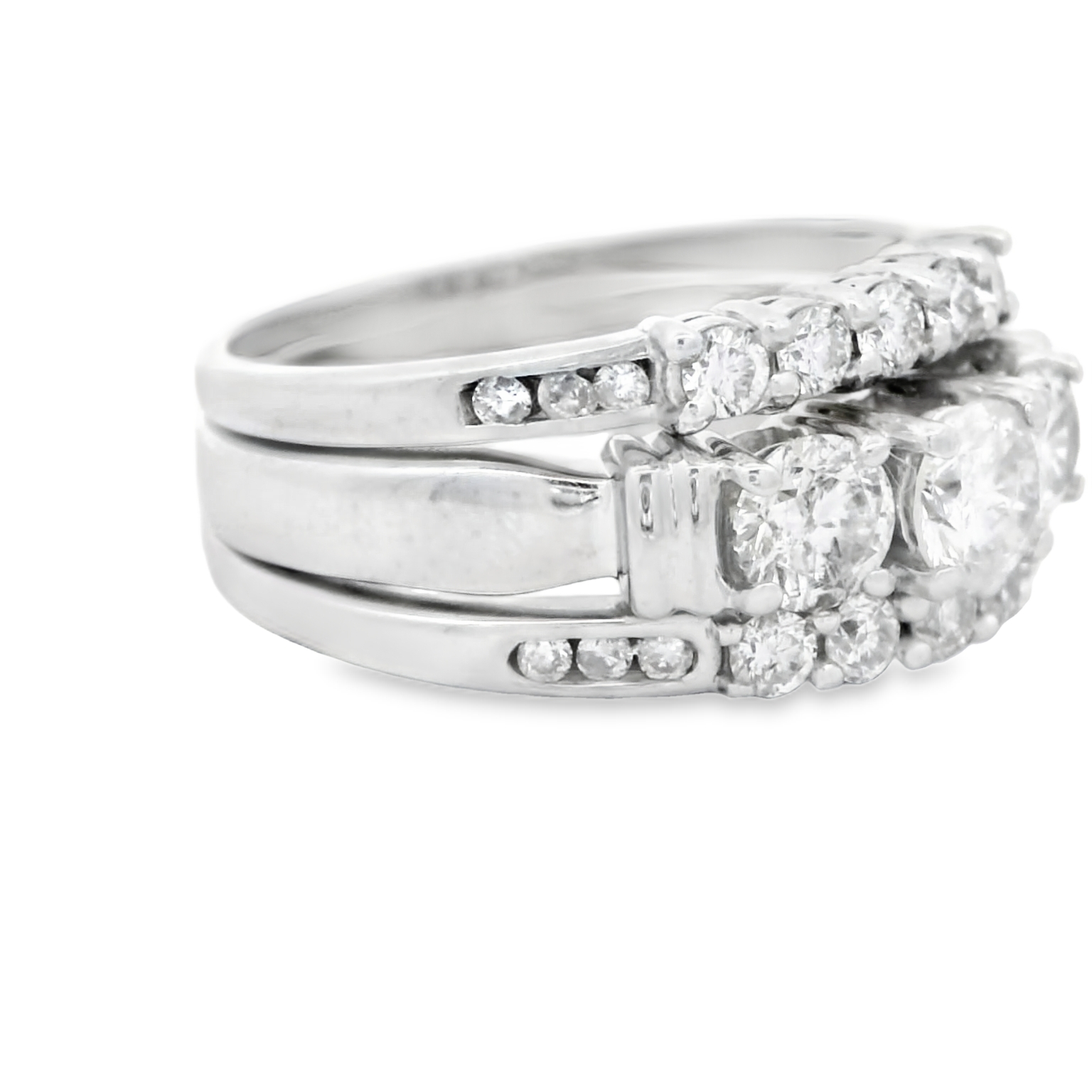 14K White Gold Three Row Diamond Engagement / Wedding Set