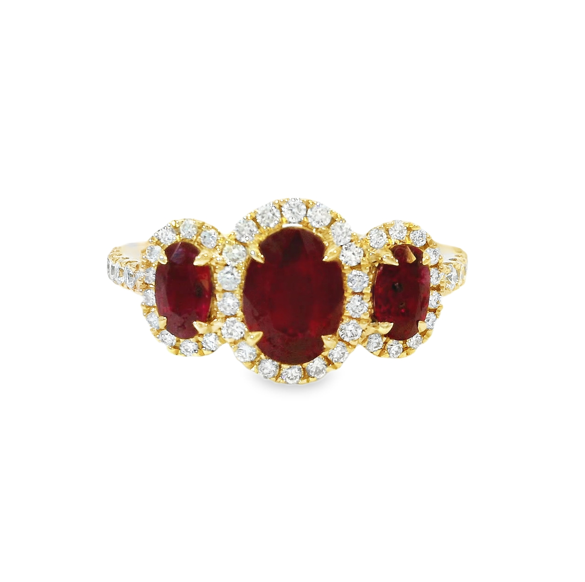 18K Yellow 3 Stone Oval Ruby Halo Ring