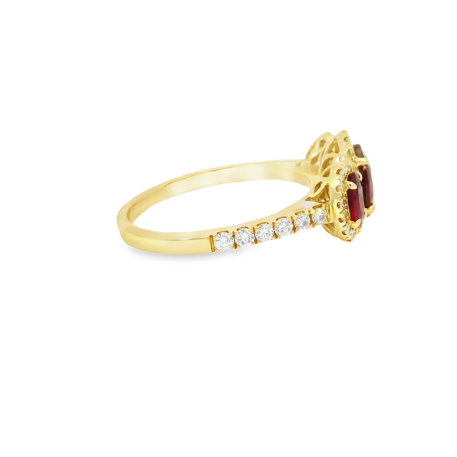 18K Yellow 3 Stone Oval Ruby Halo Ring