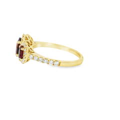 18K Yellow 3 Stone Oval Ruby Halo Ring