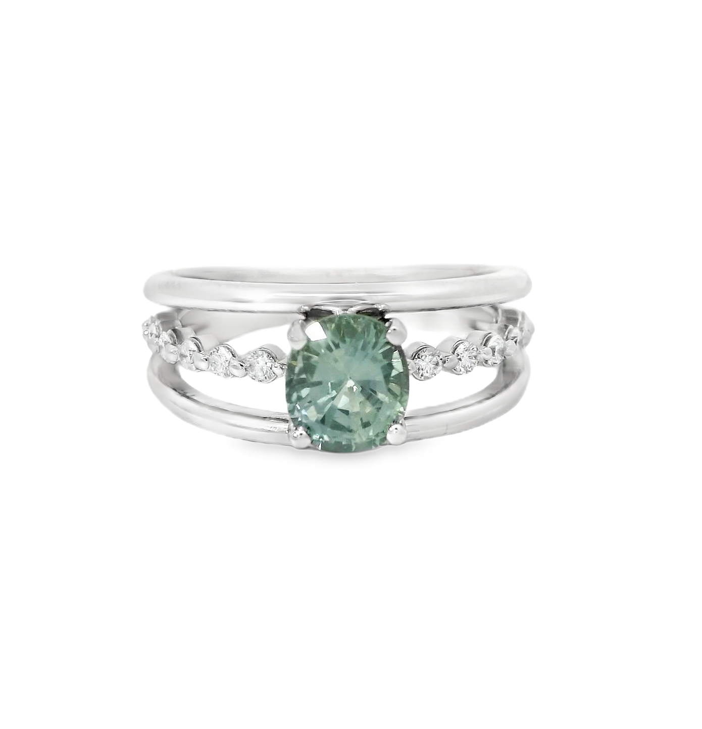 14K White Gold Green Sapphire and Diamond Ring