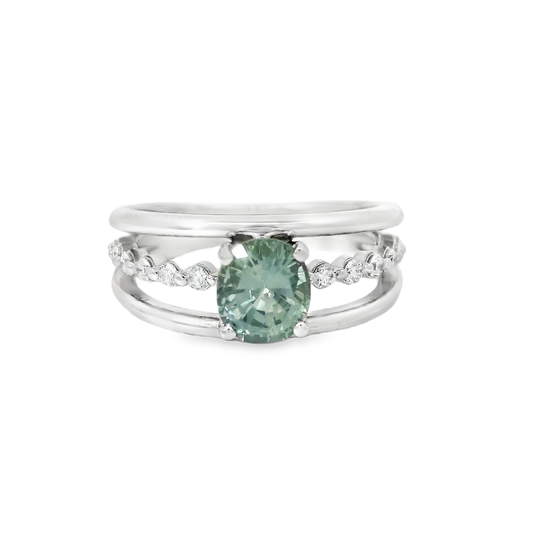 14K White Gold Green Sapphire and Diamond Ring