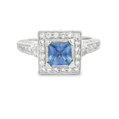 18k White Gold Square Sapphire Halo Ring