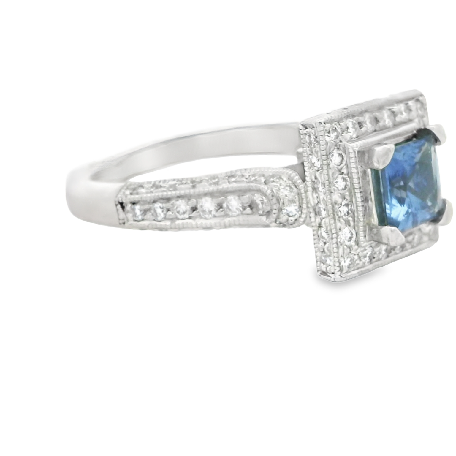 18k White Gold Square Sapphire Halo Ring