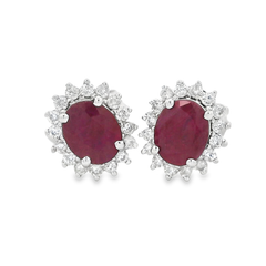 14k White Gold Diamond Halo Ruby Earrings