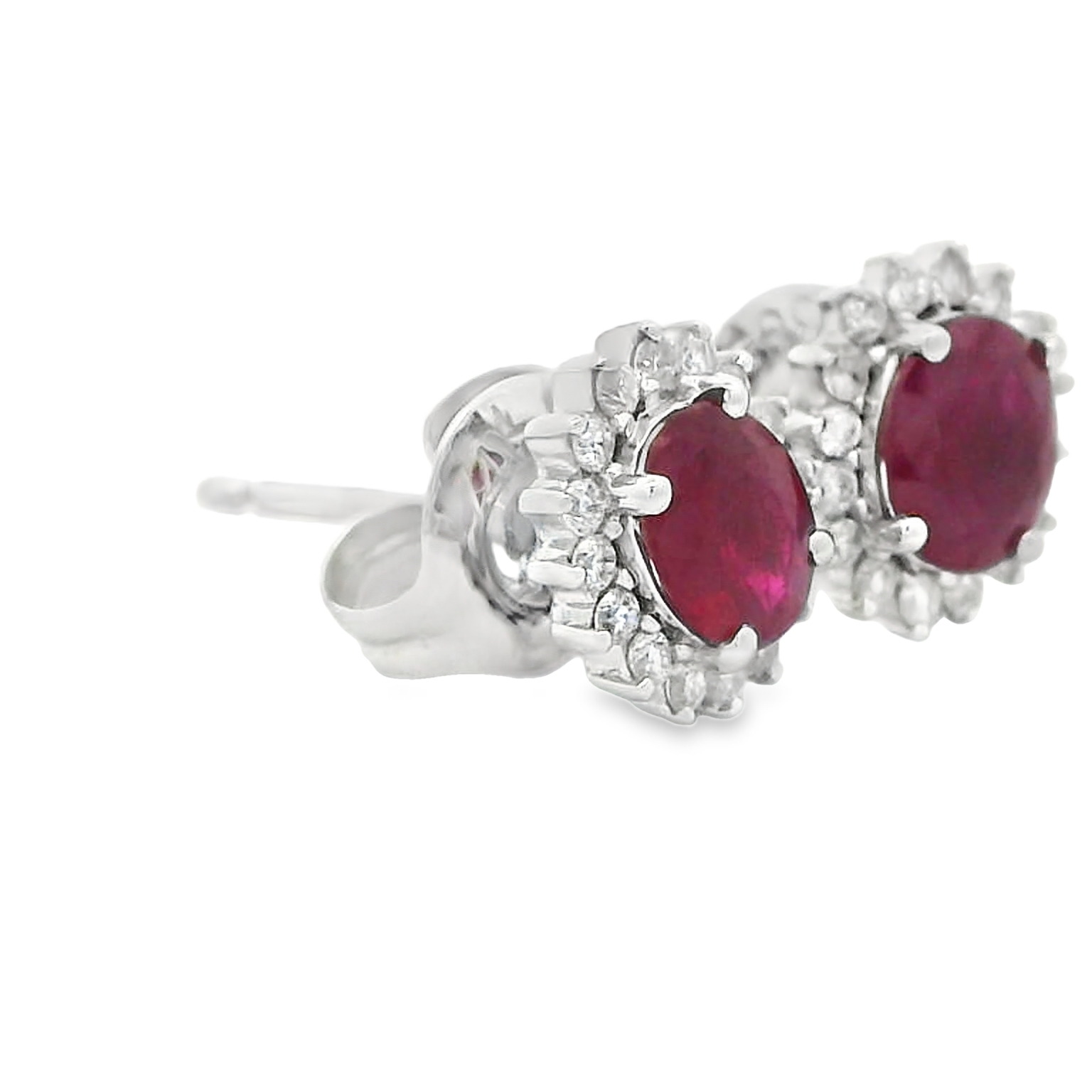 14k White Gold Diamond Halo Ruby Earrings