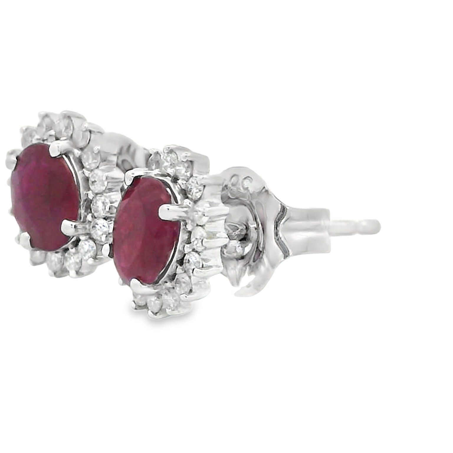 14k White Gold Diamond Halo Ruby Earrings