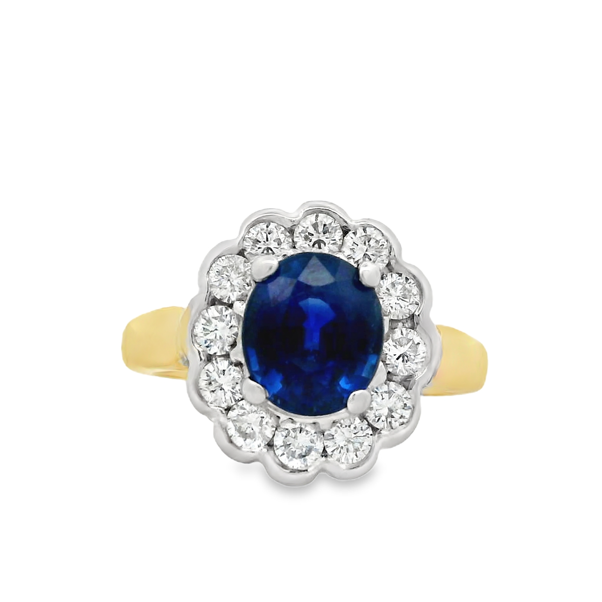 18K Two Tone Sapphire with Diamond Halo Ring