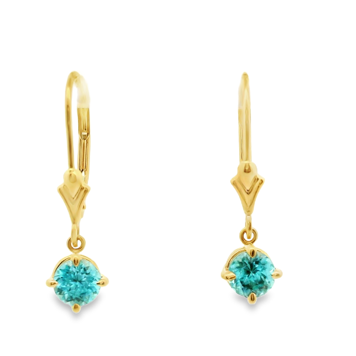 14K Yellow Gold Blue Zircon Leverback Earrings