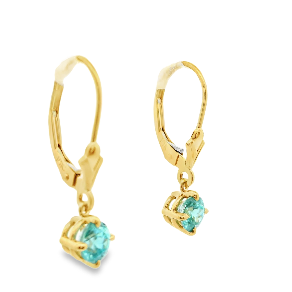 14K Yellow Gold Blue Zircon Leverback Earrings