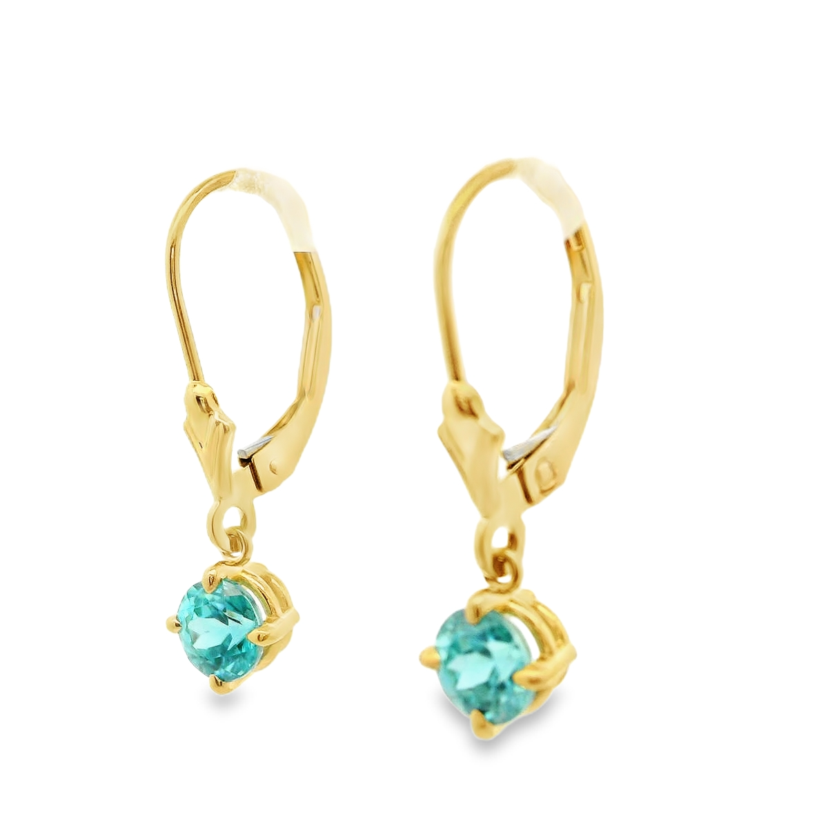 14K Yellow Gold Blue Zircon Leverback Earrings