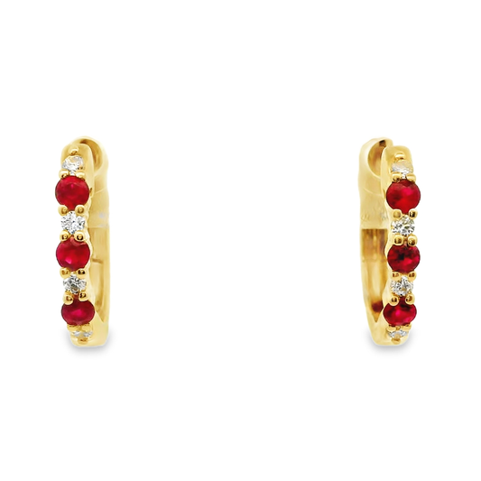 14k Yellow Gold Ruby and Diamond Huggie Earrings