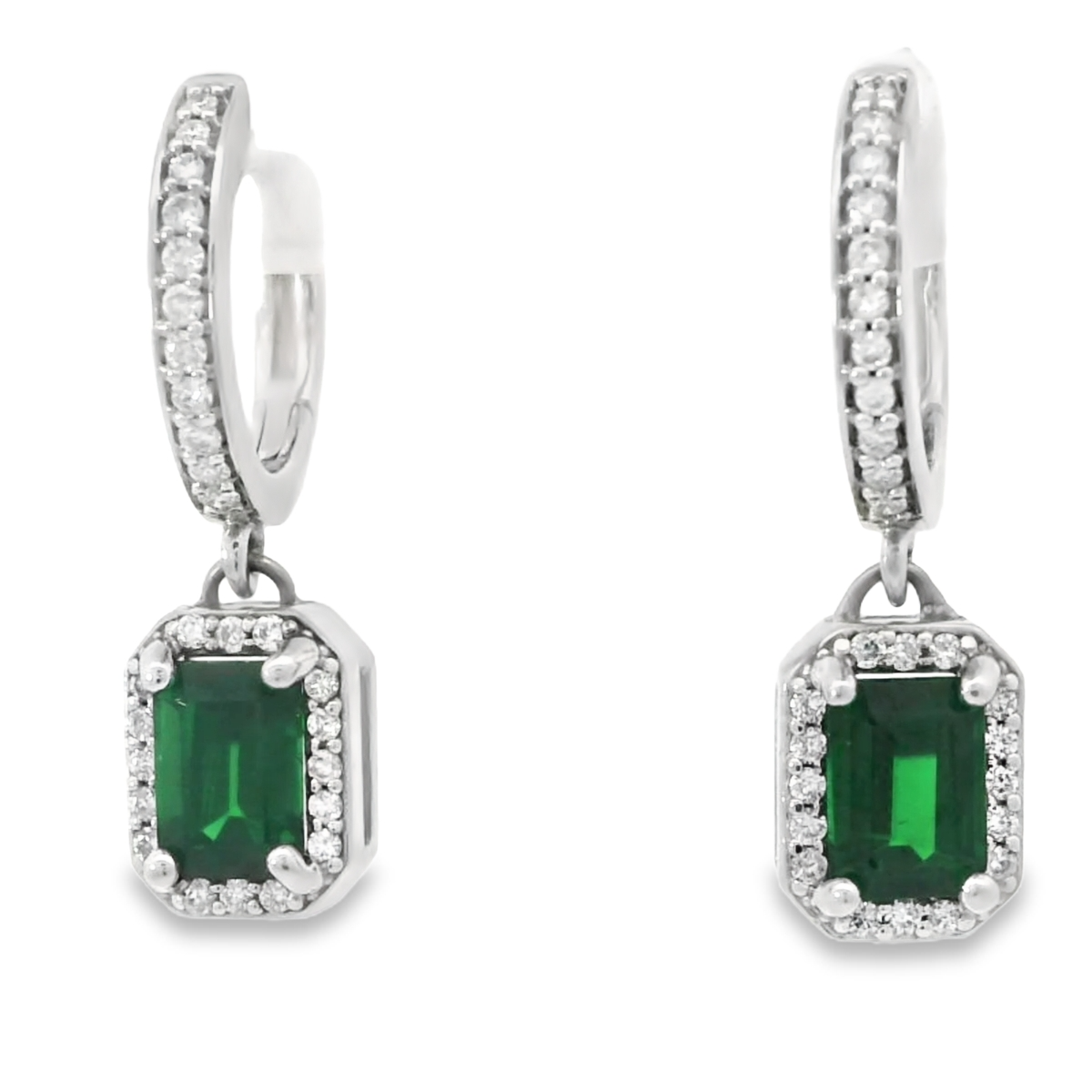 14K White Gold Tsavorite and Diamond Drop Huggie Earrings