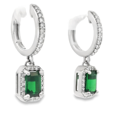 14K White Gold Tsavorite and Diamond Drop Huggie Earrings