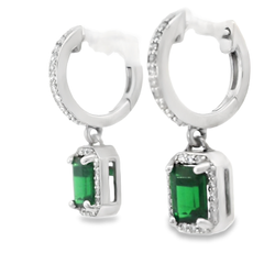 14K White Gold Tsavorite and Diamond Drop Huggie Earrings