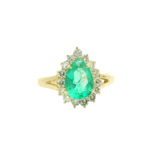 14K Yellow Gold Pear Emerald Diamond Halo Ring