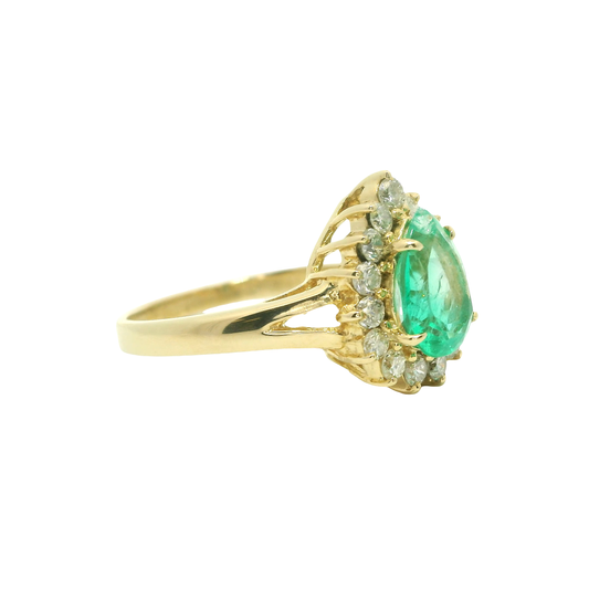14K Yellow Gold Pear Emerald Diamond Halo Ring