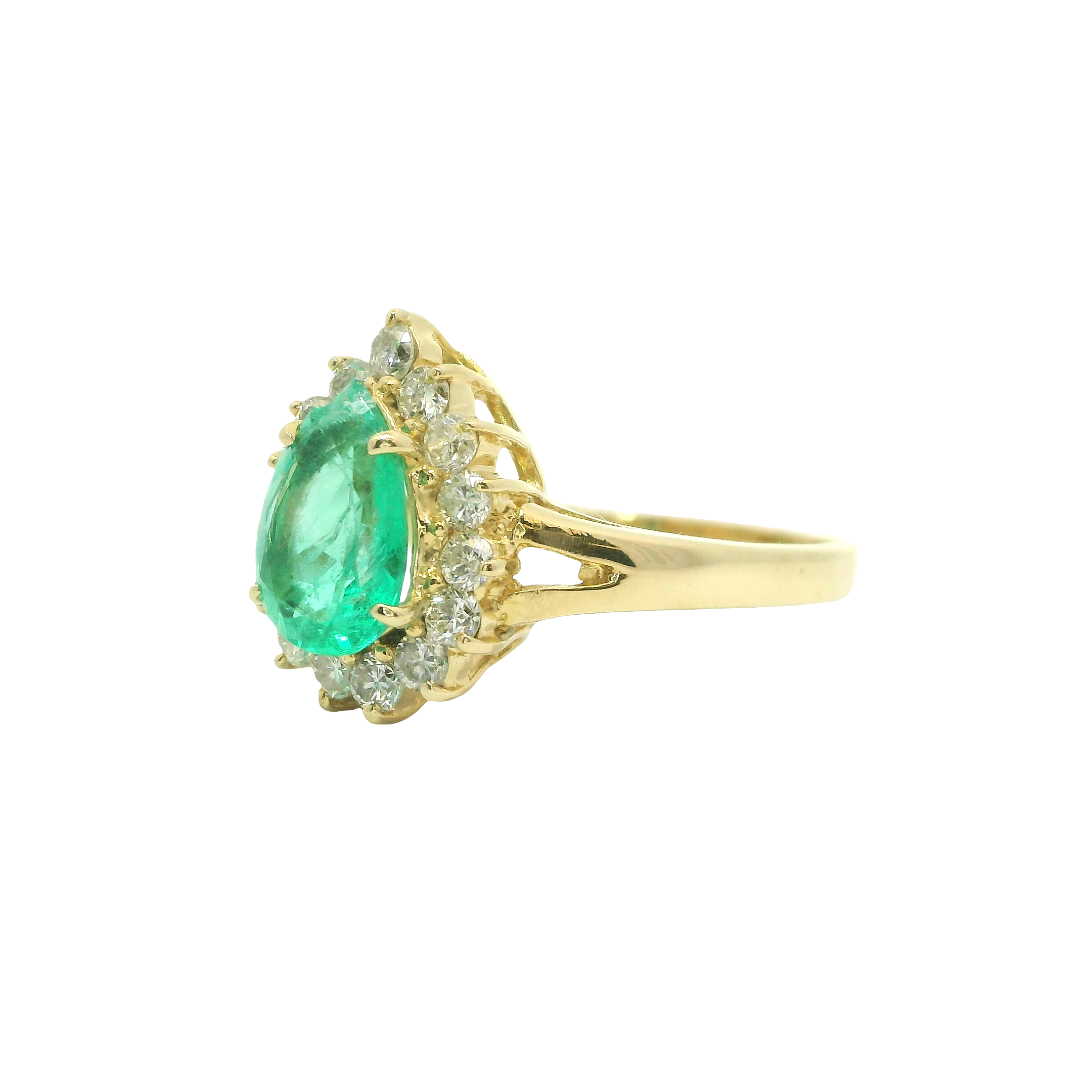 14K Yellow Gold Pear Emerald Diamond Halo Ring
