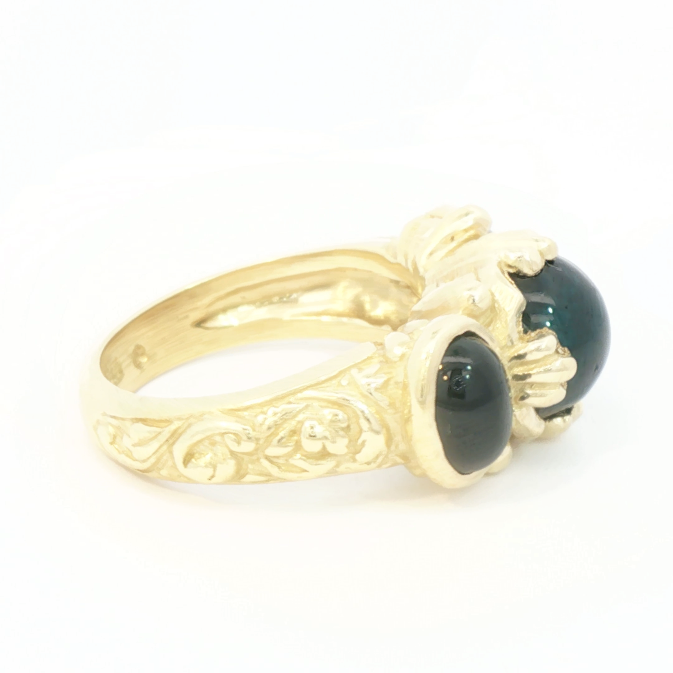 Gold Multistone Ring with Bluish Green Tourmaline Cabochons