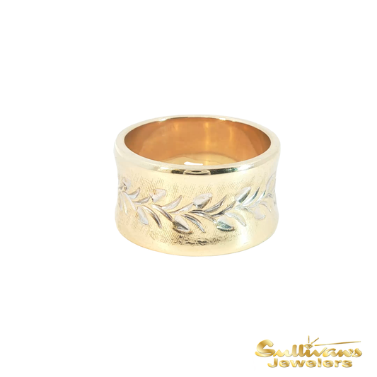Textured Gold Band Ring with Leaf Design