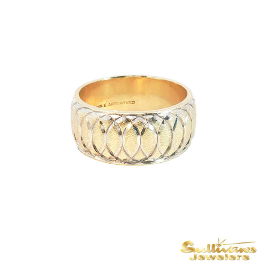 Textured 14KT Yellow Gold Patterned Band Ring