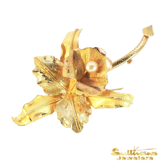 18KT Gold Floral Brooch with Round Cabochon Pearl Centerpiece