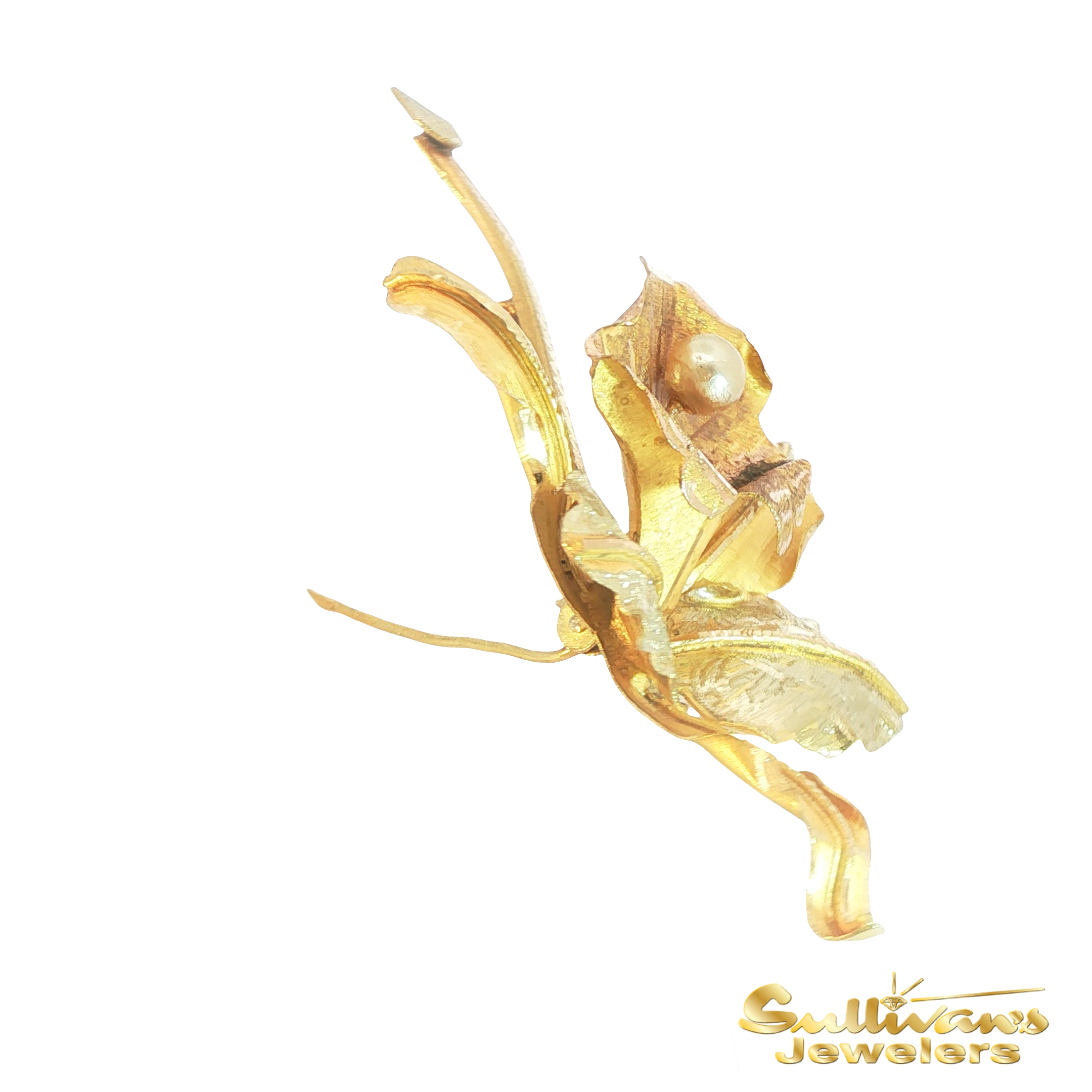 18KT Gold Floral Brooch with Round Cabochon Pearl Centerpiece