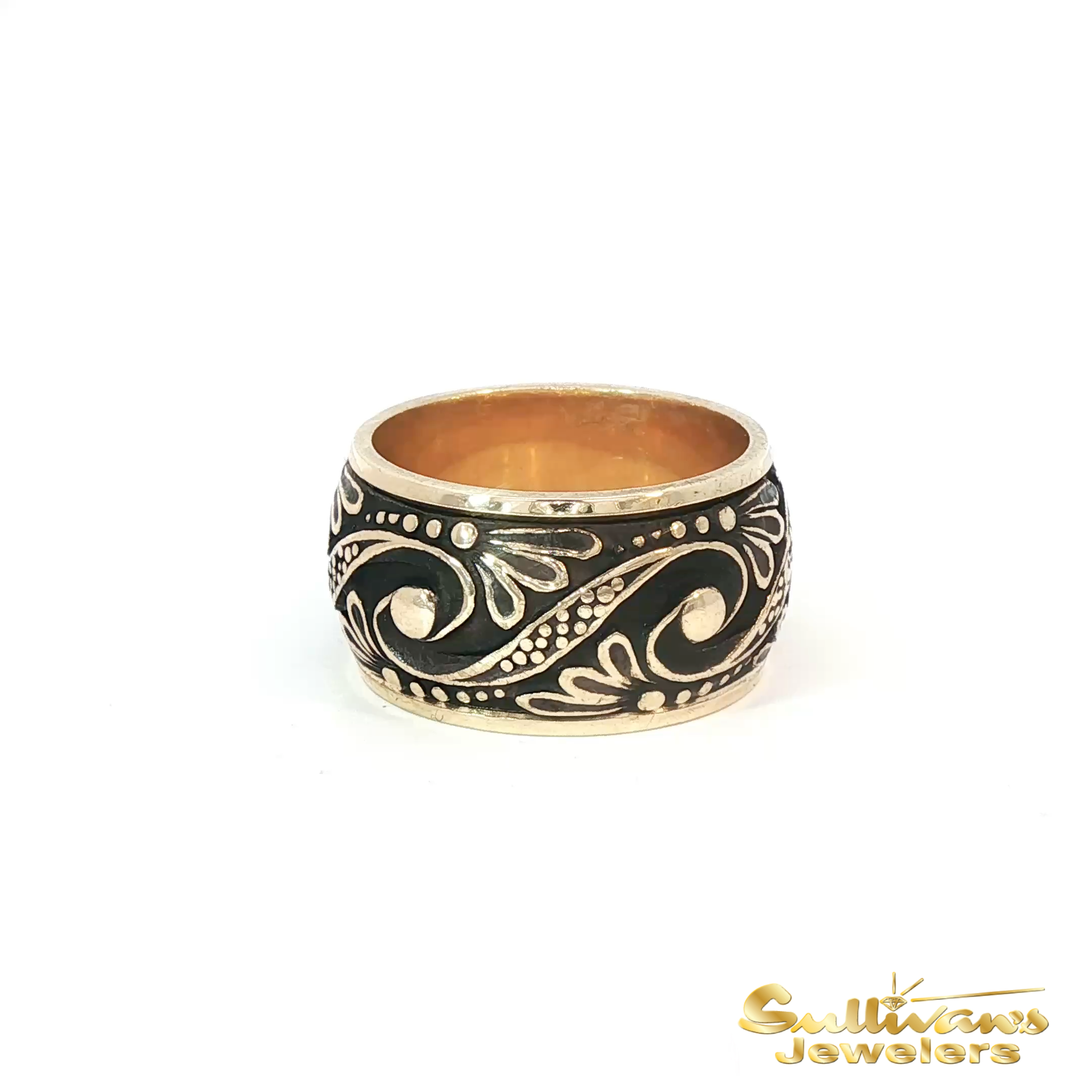 14K Yellow Gold With Black Enamel Scroll Ring