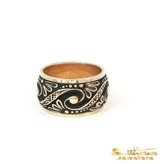 14K Yellow Gold With Black Enamel Scroll Ring