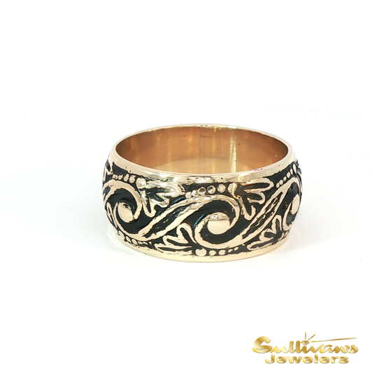 14K Yellow Gold Scroll Black Enamel Estate Ring