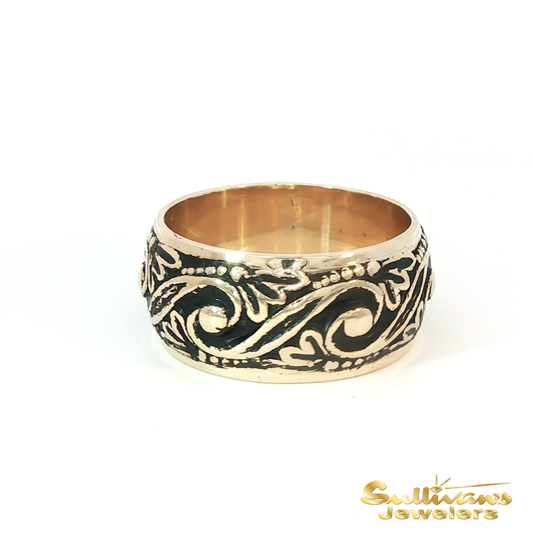 14K Yellow Gold Scroll Black Enamel Estate Ring