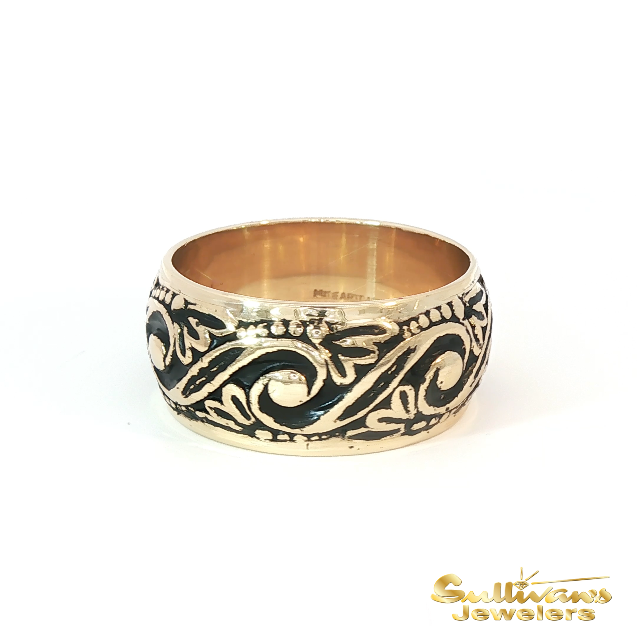 14K Yellow Gold Scroll Black Enamel Estate Ring