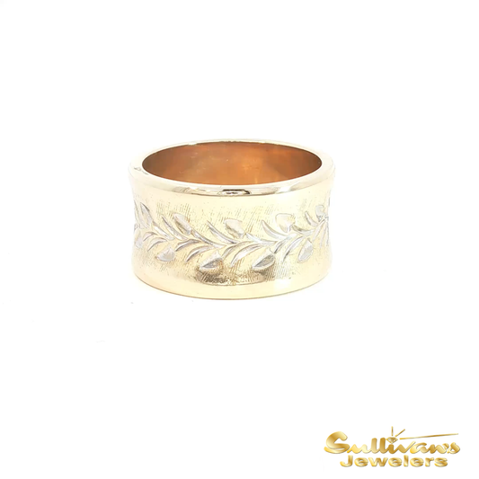 Textured Gold Band Ring with Leaf Design