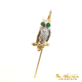Load image into Gallery viewer, 14K Yellow Gold Owl Brooch with Round Cabochon Emerald Eyes
