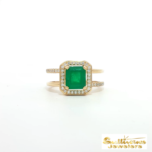 14K Yellow Gold Emerald and Diamond Ring