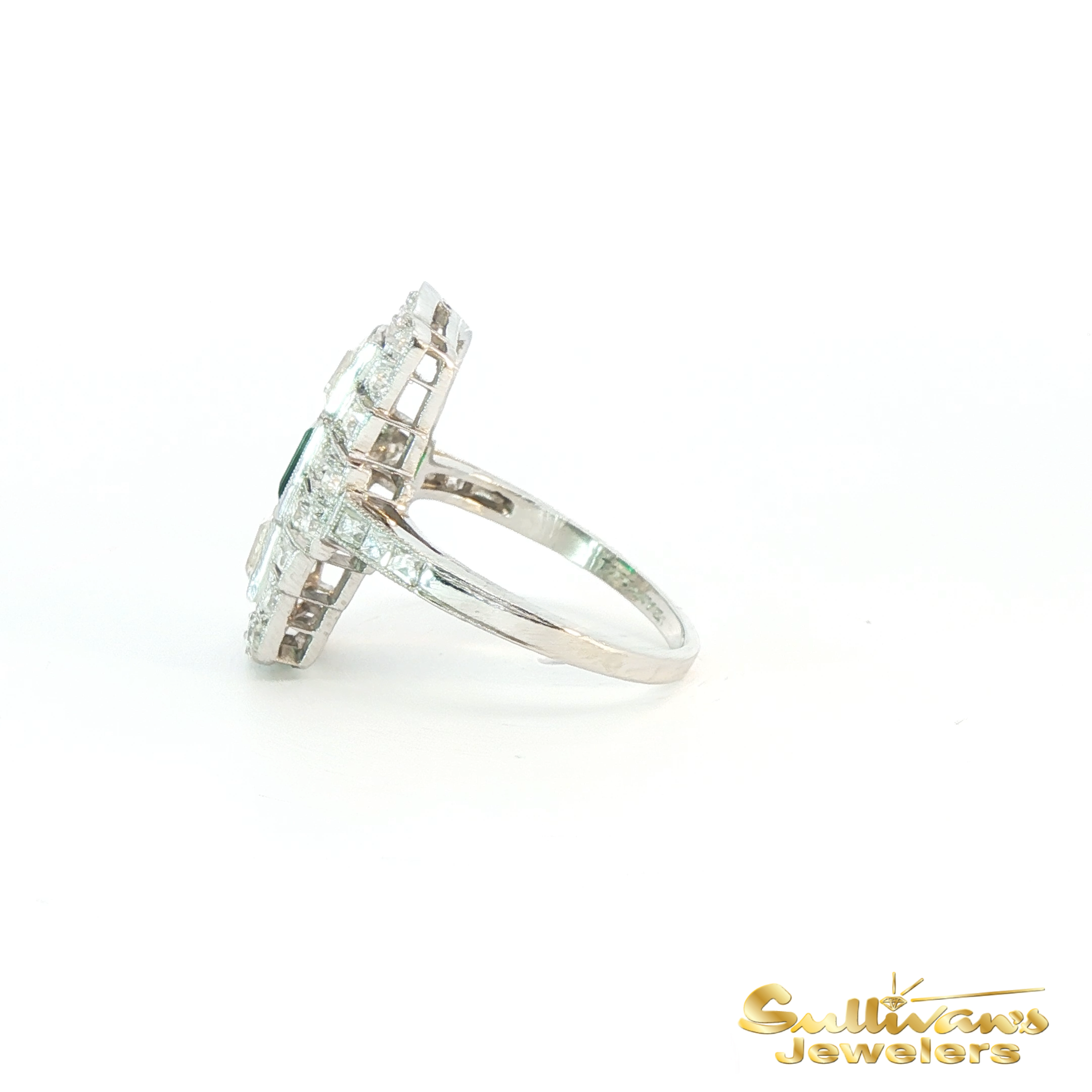 Vintage Platinum Emerald and Diamond Art Deco Ring