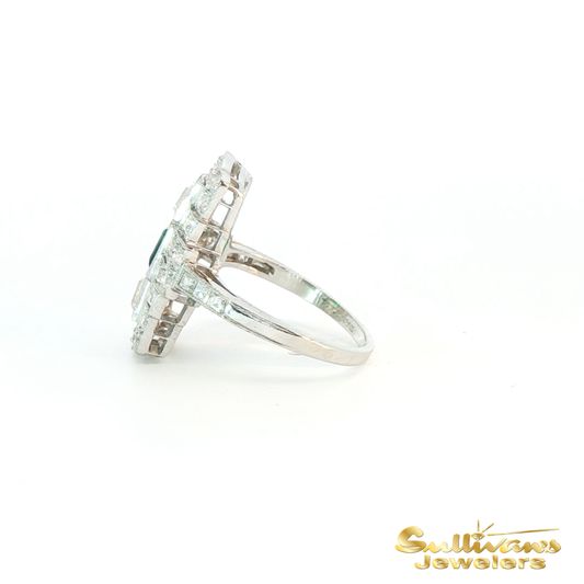 Vintage Platinum Emerald and Diamond Art Deco Ring