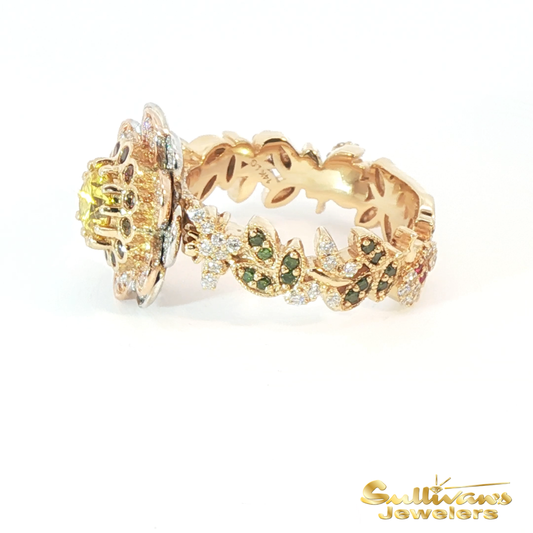 14K Tri-Color Yellow Diamond and Gemstone Floral Cocktail Ring