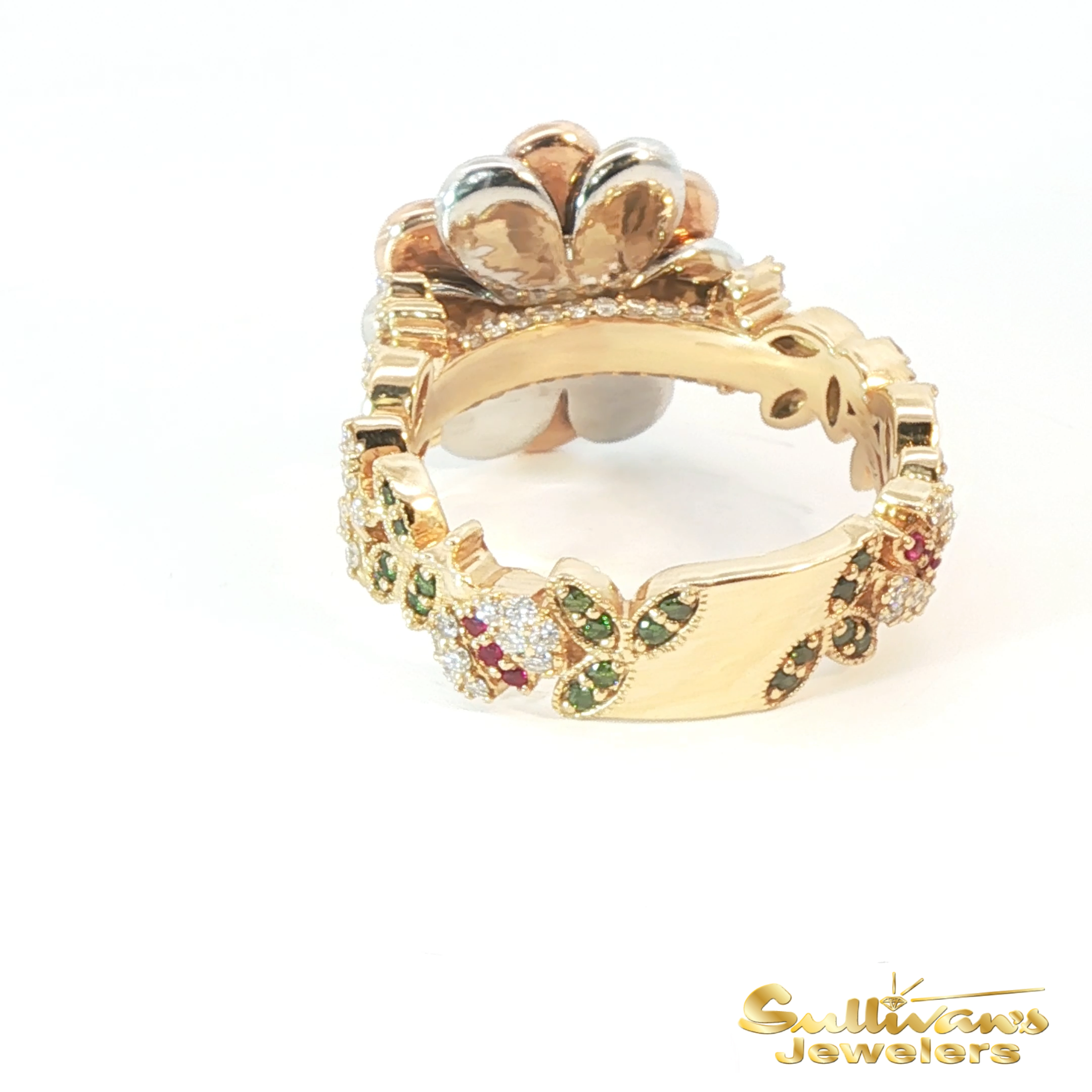 14K Tri-Color Yellow Diamond and Gemstone Floral Cocktail Ring