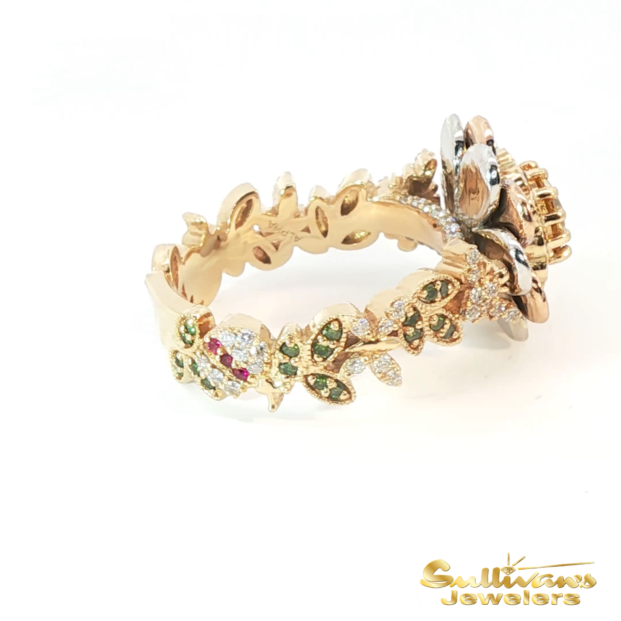 14K Tri-Color Yellow Diamond and Gemstone Floral Cocktail Ring