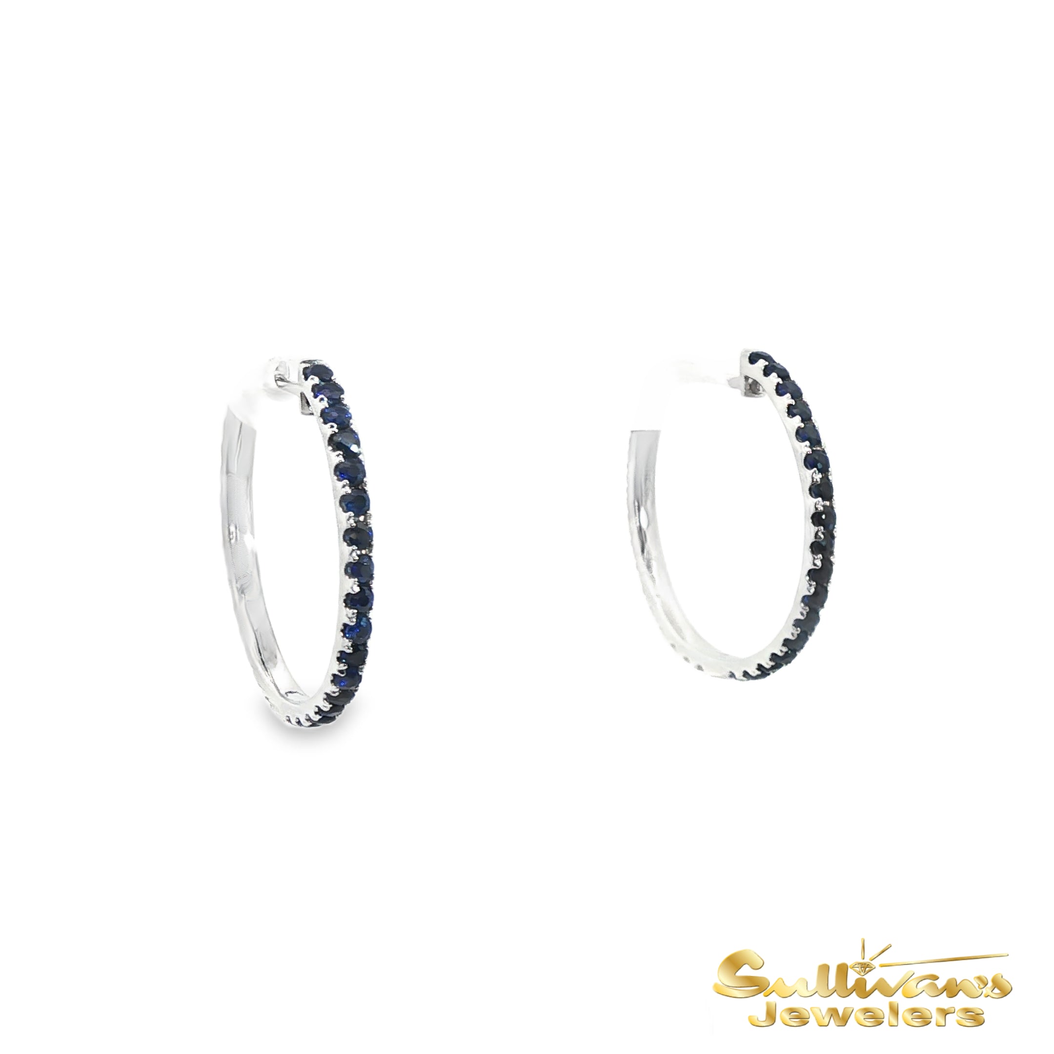 14K White Gold Reverse Blue Sapphire Hoop Earrings