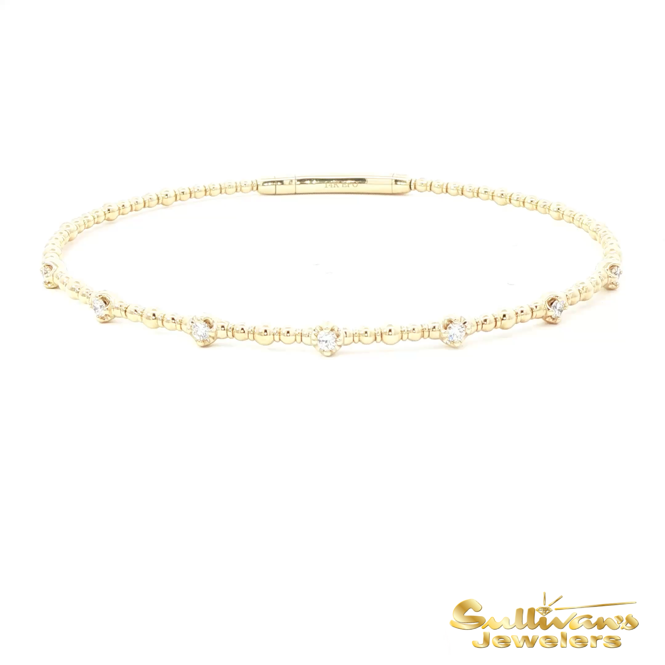 14K Yellow Gold Beaded Bracelet with Round Brilliant Cut Diamonds