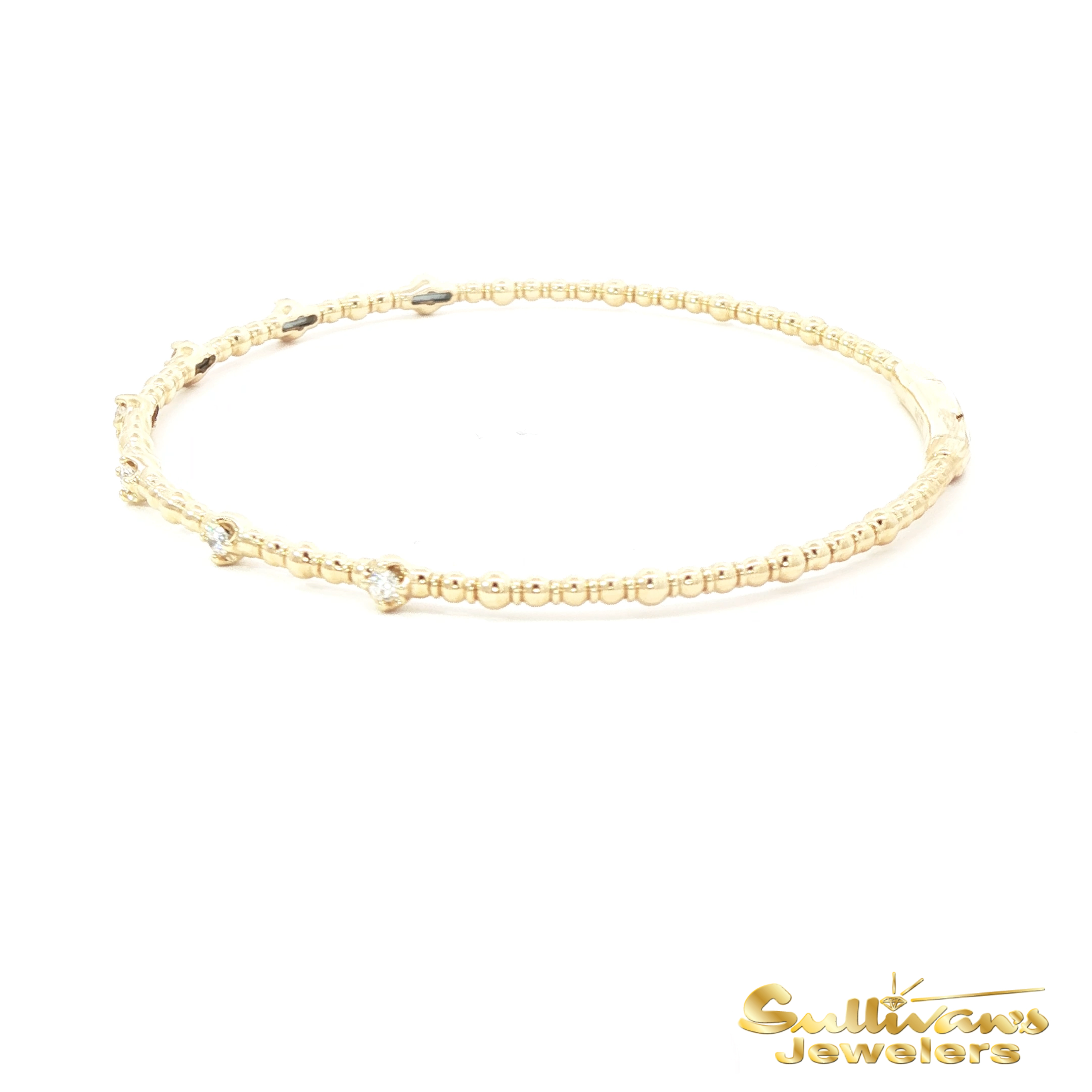 14K Yellow Gold Beaded Bracelet with Round Brilliant Cut Diamonds