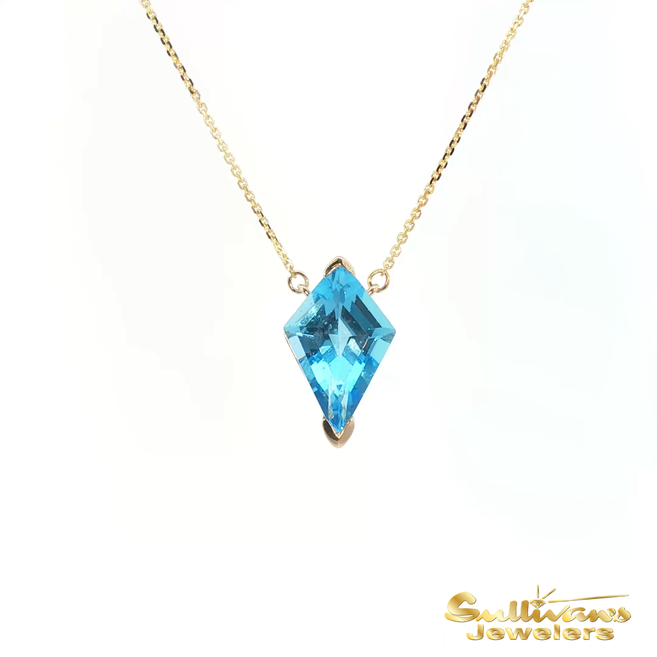 14K Yellow Gold Necklace Kite Shaped Blue Topaz
