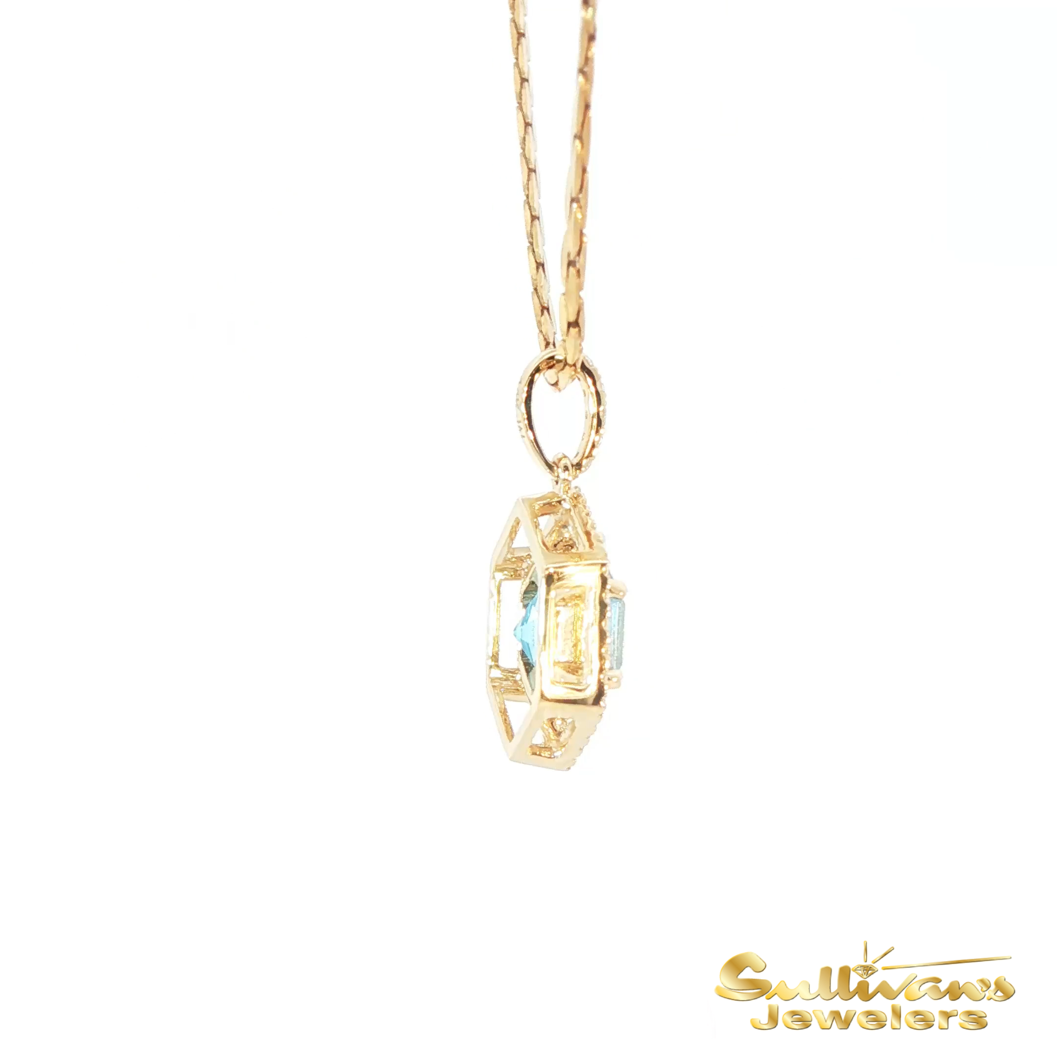 14K Yellow Gold Pendant Diamond Halo Hexagon Blue Topaz