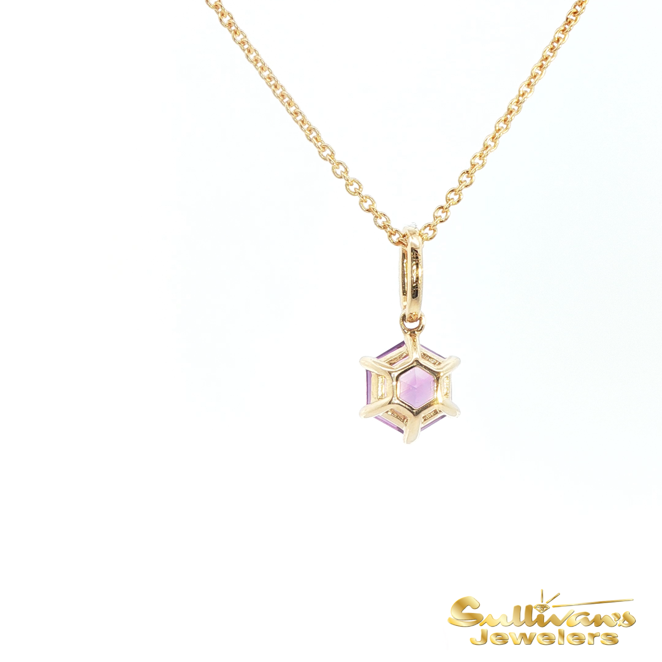 14K Yellow Gold Pendant Hexagon Amethyst with Diamond Accents