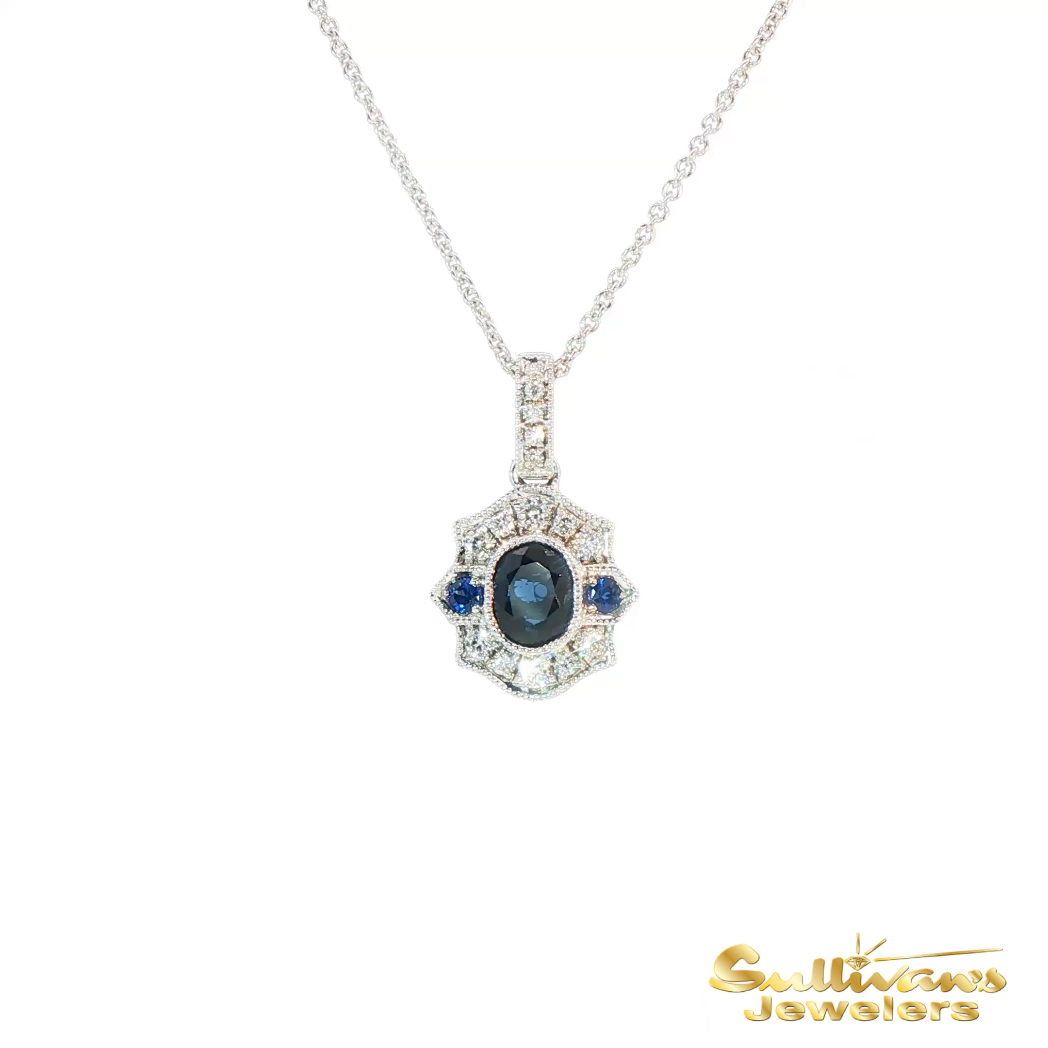 14K White Gold Deep Blue Sapphire Antique Pendant