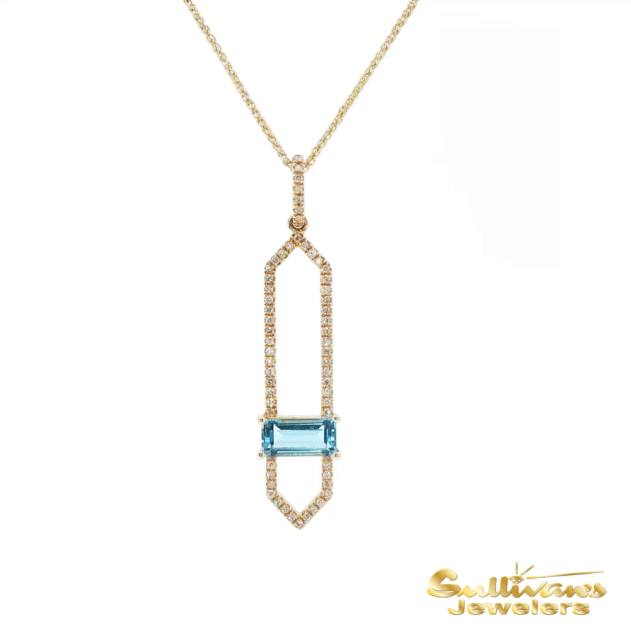 14K Yellow Gold and Diamond Pendant with Emerald Cut Blue Topaz