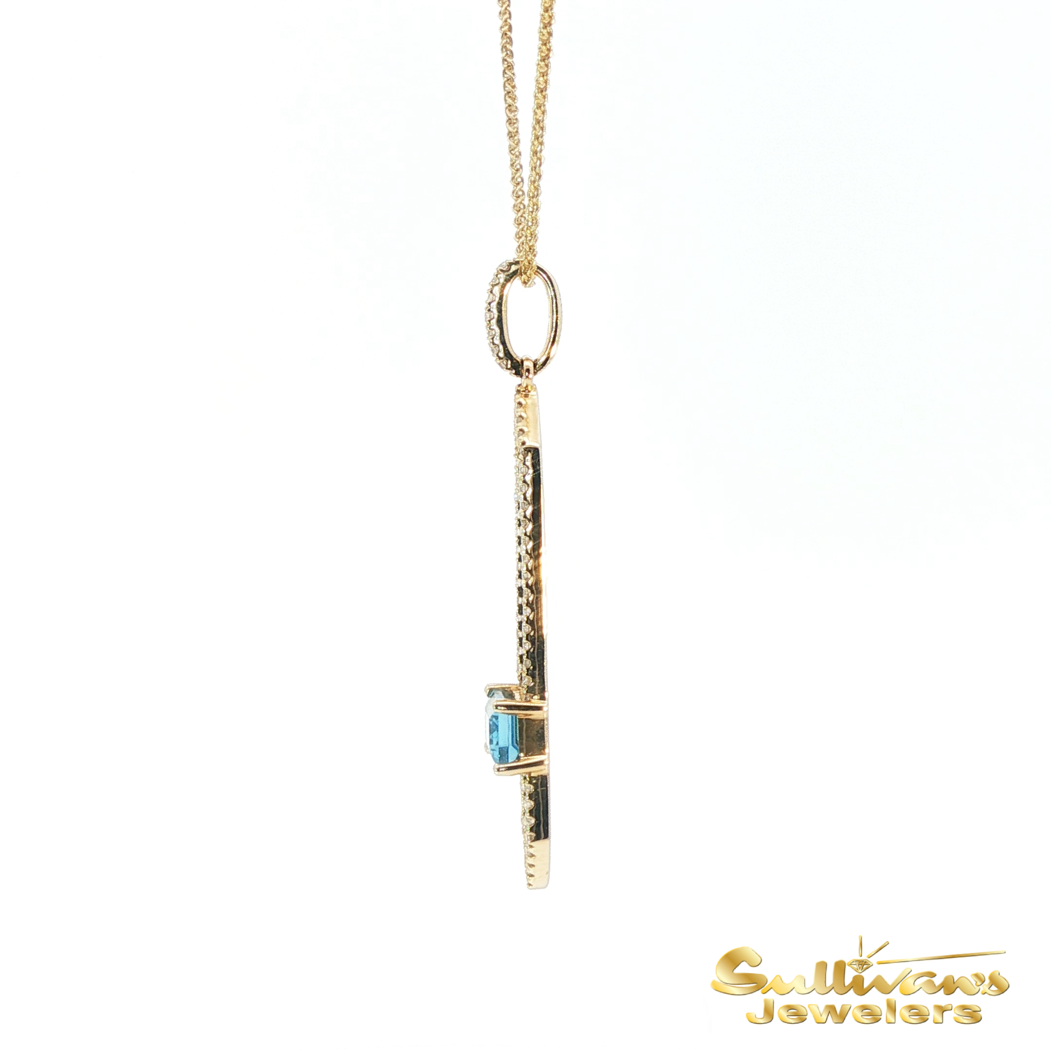 14K Yellow Gold and Diamond Pendant with Emerald Cut Blue Topaz