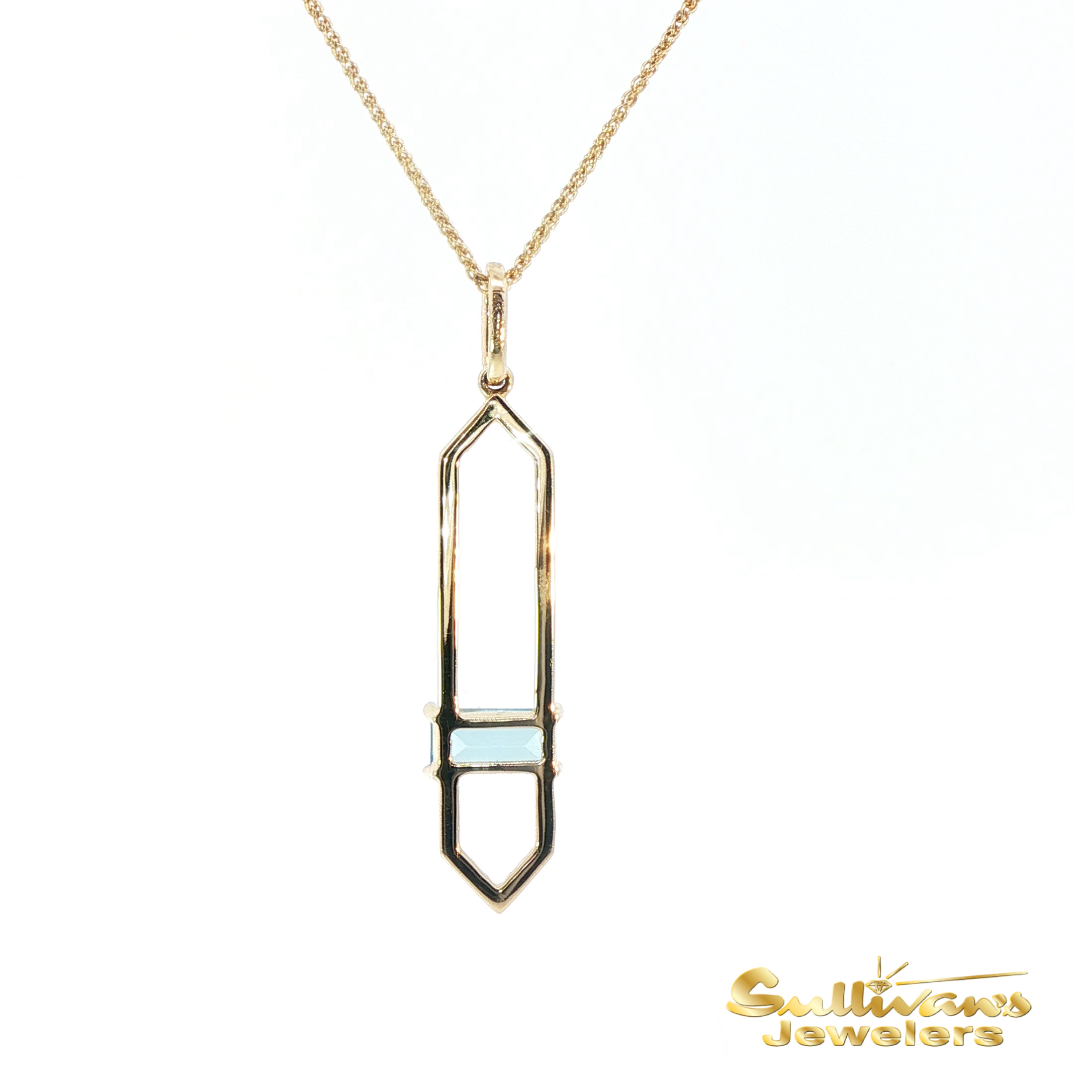 14K Yellow Gold and Diamond Pendant with Emerald Cut Blue Topaz